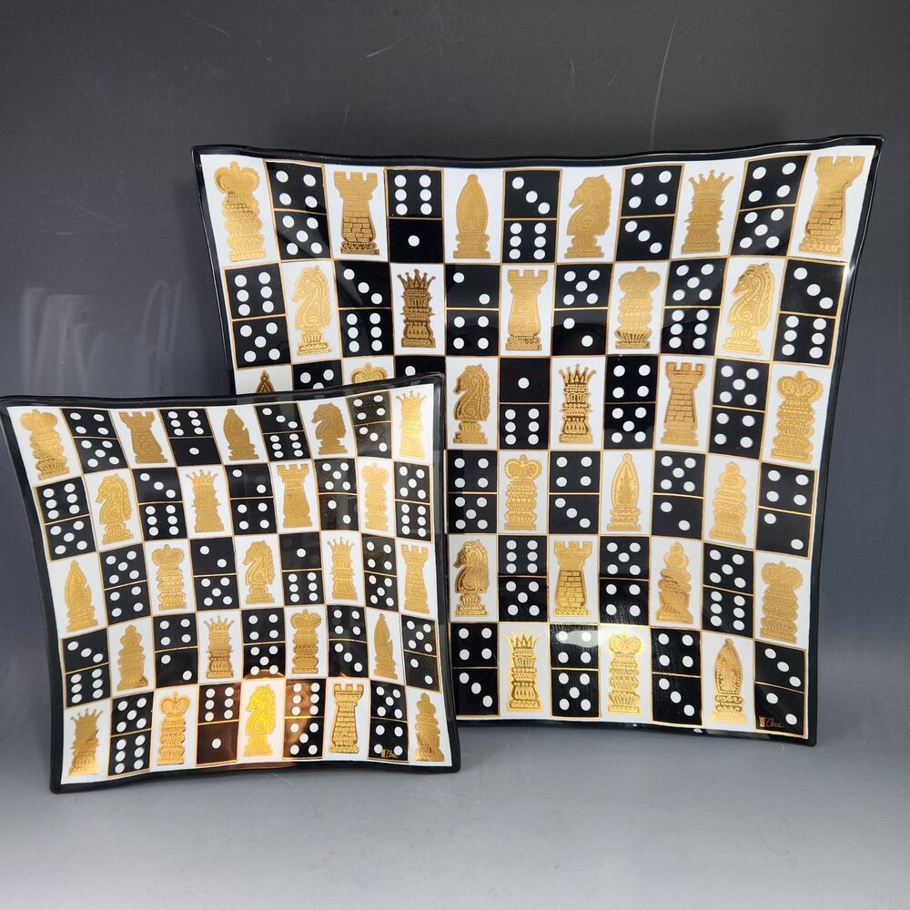 Rare Cera Glass Square Trays Set 2 24K Gold Games Chess Dominoes Smoky1950s MCM